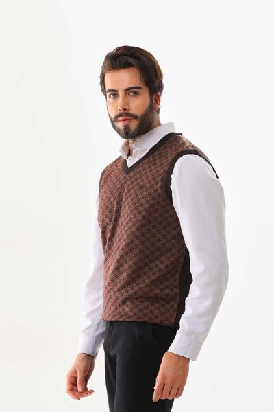 Pelikan Men's V-Neck Patterned Sweater 7623 Brown