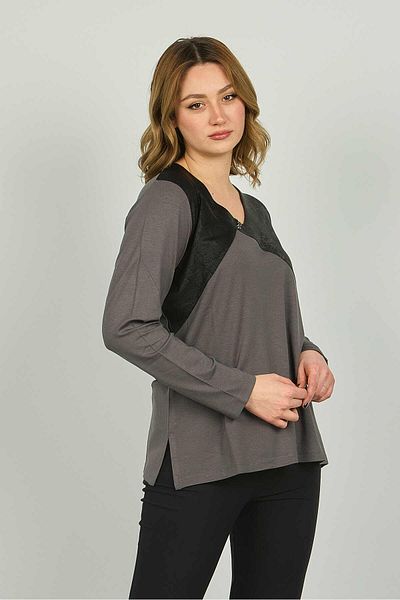 Detay Triko Women's V-Neck Faux Leather Detailed Long Sleeve Blouse 4549 Gray