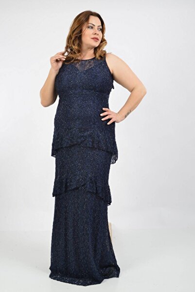 LİLAS XXL Women's Large Size Lycra Silvery Lace Long Dress 5489309 Navy Blue