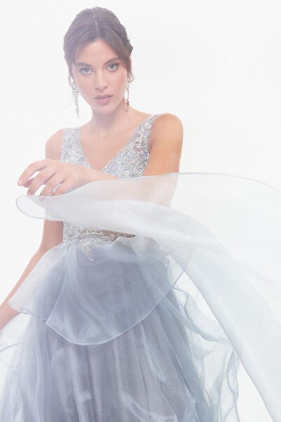 Tiara Women's Deep Back Decollete Layered Evening Dress 260560 Gray