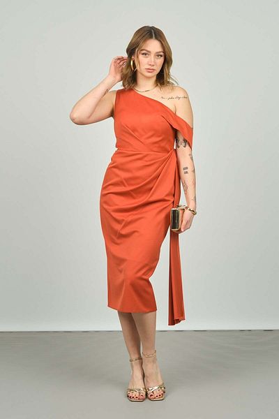 ESCOLL Women's One Shoulder Sleeve Band Detailed Sweep Train Evening Dress 1896 Cinnamon