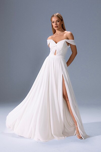 ŞEREF VURAL Women's Butterfly Sleeve Chiffon Long Evening Dress 8040 Bone