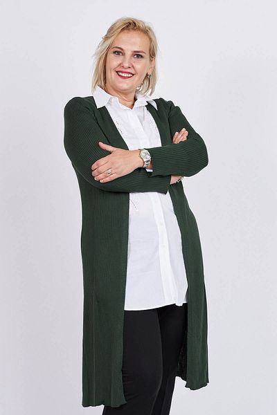 Büşra Triko Women's Green Open Front Slit Detailed Long Cardigan