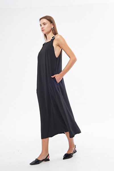The Champ Clothing Square Neck Black Woven Dress with Draped Shoulders and Draped Pockets