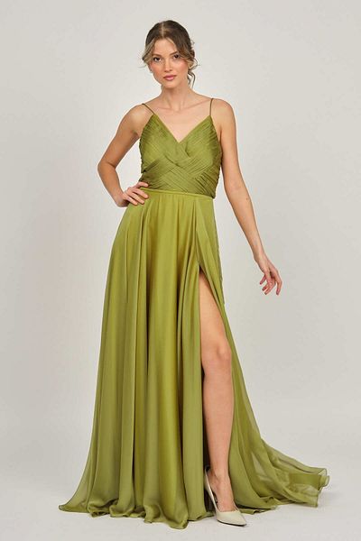 ŞEREF VURAL Women's Deep Slit Long Evening Dress 5437824 Green