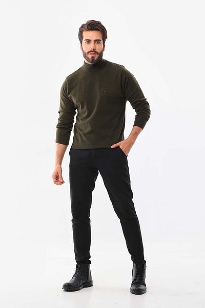 San&Fa Pulover de lână pură pentru bărbați cu jumătate de gât țestoasă Sanfa 2702 verde