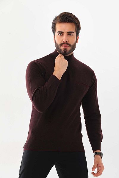 San&Fa Sanfa Men's Half Turtleneck Pure Wool Sweater 2702 Claret Red