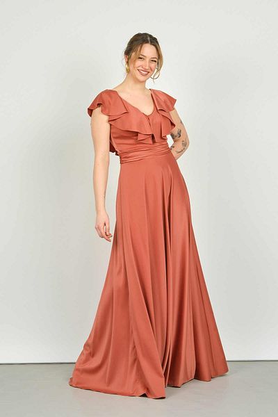 DORİDORCA Doridorca Women's Flounced Collar Satin Evening Dress5921021 Tile