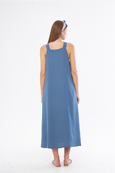 The Champ Clothing Blue Jewelled Shoulder Detailed Square Collar Draped Dress