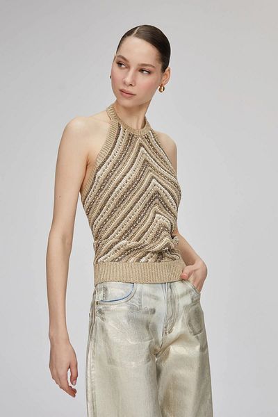 JOIN US Γυναικείο μπλουζάκι με γιακά Halter 0040 Μπεζ