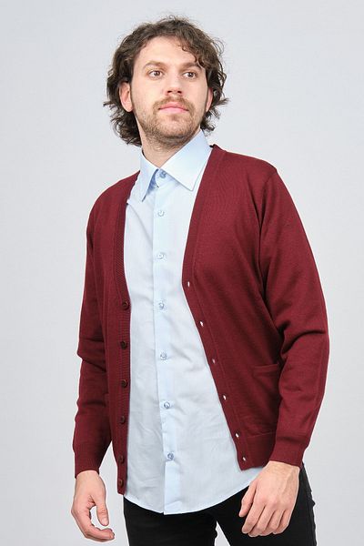 Desen Triko Cardigan din lână pură cu nasturi pentru bărbați 0249505 Roșu Claret