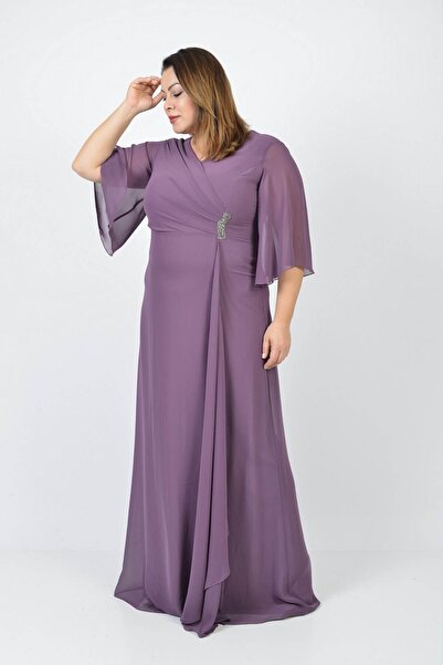 LİLAS XXL Women's Large Size Chiffon Long Evening Dress 5489407 Lavender