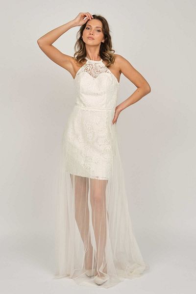DORİDORCA Women's Halter Neck Evening Dress 5928098 Bone