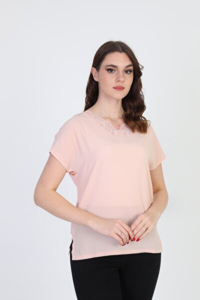 ELLA CAMELIA بلوزة نسائية ذات ياقة دانتيل 20e020 مسحوق