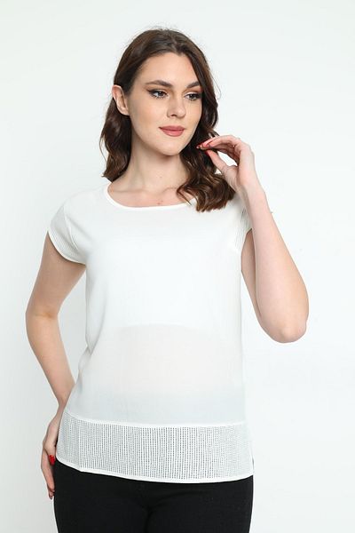 ELLA CAMELIA Women's Shoulder Detailed Round Neck Blouse 5010009 Ecru