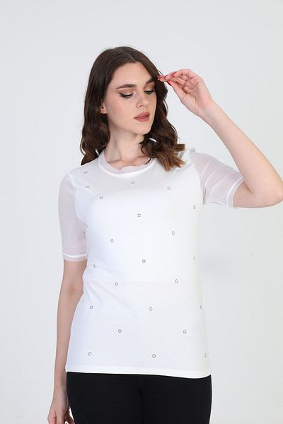 ELLA CAMELIA Women's Stone Detailed Blouse 19e056 Ecru