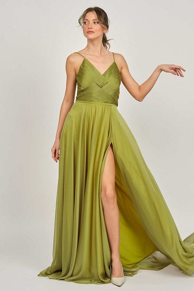 ŞEREF VURAL Women's Deep Slit Long Evening Dress 5437824 Green