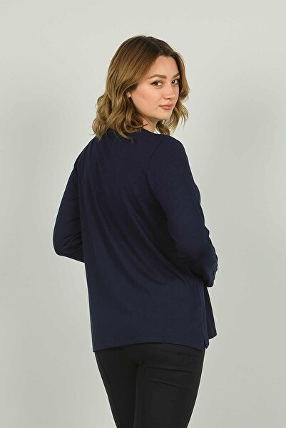 Detay Triko Жіноча блуза з довгими рукавами та обробкою на комірі та комірі 0507 Синя