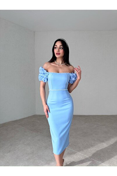 MOVELLA FASHİON Ruffle Sleeve Pearl Detailed Midi Dress New Season