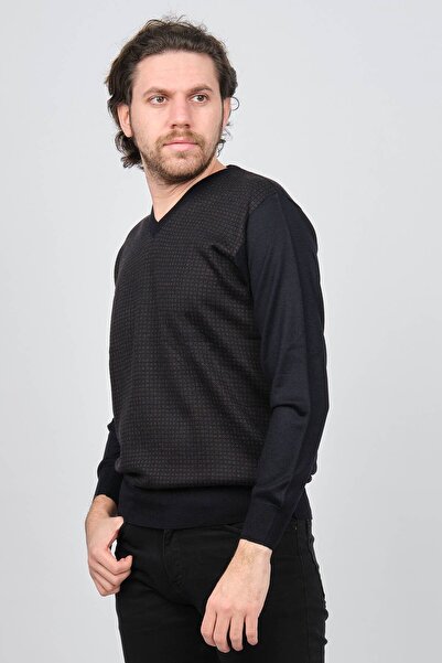 Woolen World Мъжки пуловер с V-образно деколте и шарки от вълна