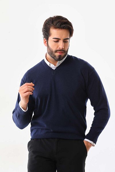 Günay Ανδρικό μάλλινο πουλόβερ με λαιμόκοψη V 7000 Navy Blue