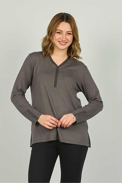 Detay Triko Women's Long Sleeve Blouse with Embroidered Sleeves and Collar 0507 Gray