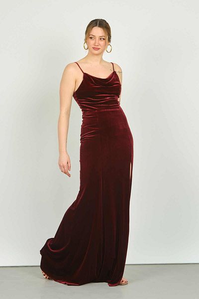DORİDORCA Doridorca Women's Velvet Evening Dress with Degaje Collar Back Detail 3103 Claret Red