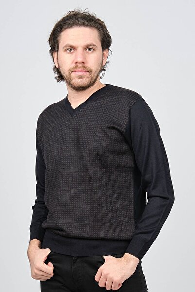 Woolen World Мъжки пуловер с V-образно деколте и шарки от вълна