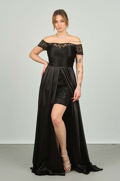 ESCOLL Women's Satin Evening Dress with Mini Skirt Inside 1765 Black