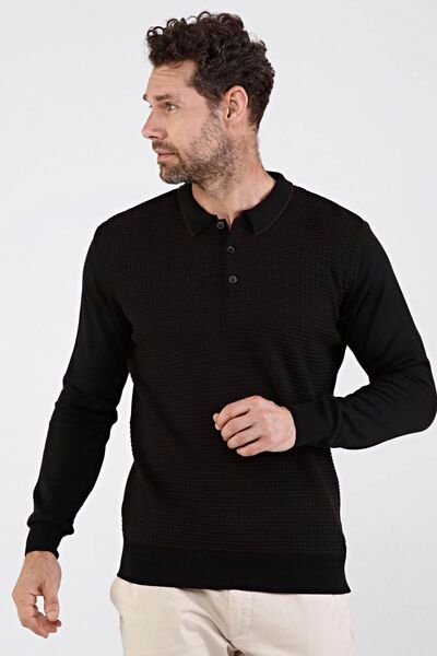 Çizgi Triko Men's Polo Neck Cotton Knitwear Sweater 4661f Black