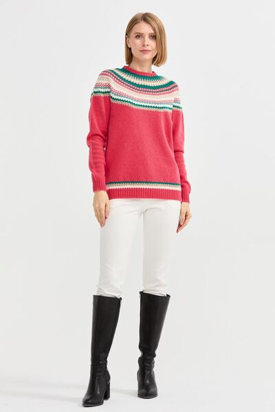 Desen Triko Women's Crew Neck Embroidered Patterned Wool Sweater 0242086 Pink