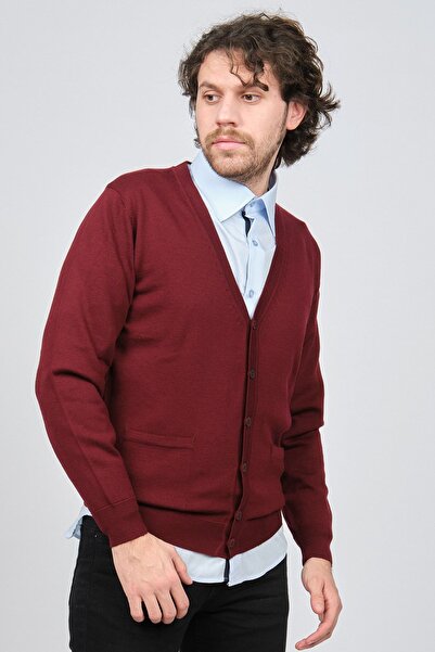 Desen Triko Men's Buttoned Pure Wool Cardigan 0249505 Claret Red