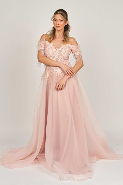 ÖMÜR INN Kadın Kol Detaylı Uzun Abiye Elbise 6452161 Pudra