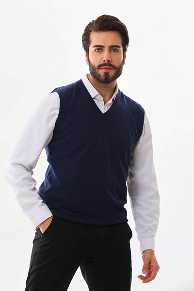 Günay Ανδρικό μάλλινο πουλόβερ με λαιμόκοψη V 0108 Navy Blue