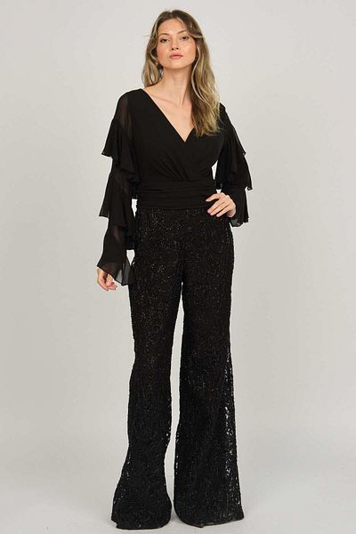 DORİDORCA Women's Sequined Ruffle Detailed Evening Dress Jumpsuit 5921011 Black