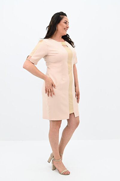 Koza Butik Γυναικείο φόρεμα σε μεγάλο μέγεθος - Λεπτομέρεια με κοντό μανίκι και πέτο 5213-24