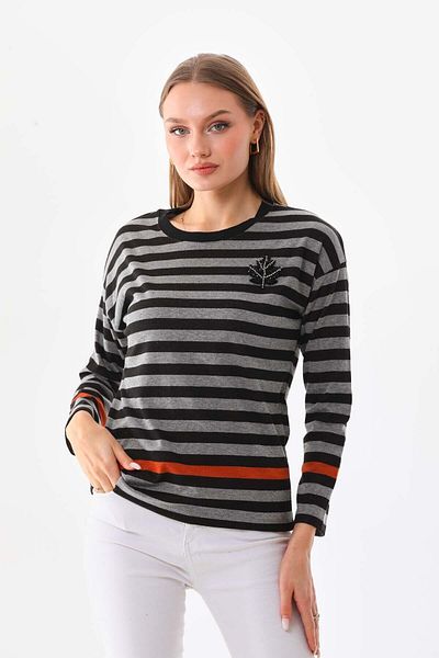Sistas Women's Striped Embroidery Detailed Long Sleeve Blouse 23615 Gray