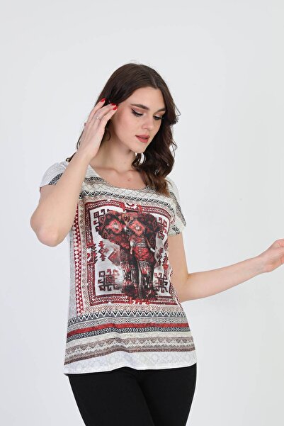 ELLA CAMELIA Women's Ethnic Patterned Blouse 5010071 Ecru