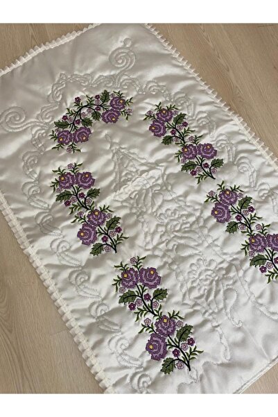 AYHANHOME Cream*lilac Dowry Canvas Embroidered Satin Prayer Rug