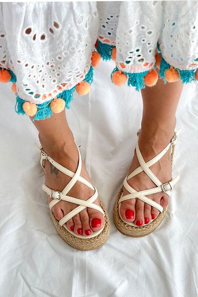Shoebutik Alexandra Béžová kůže - slaměné sandály s vysokou podrážkou