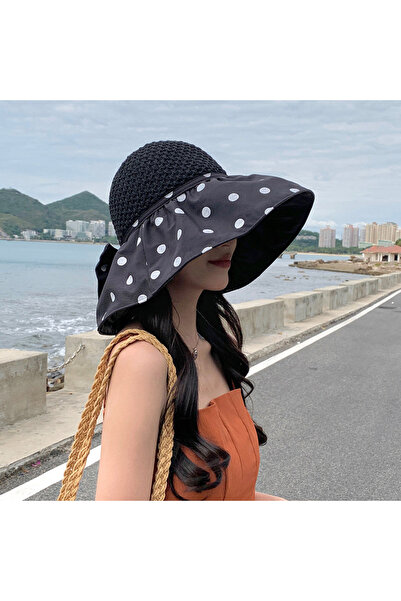Shopiolog Kadın Geniş Siperli Uv Korumalı Puantiyeli  Vizör Şapka Tatil Havuz Deniz Seyehat Plaj Şapkası