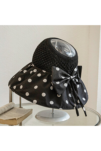 Shopiolog Kadın Geniş Siperli Uv Korumalı Puantiyeli  Vizör Şapka Tatil Havuz Deniz Seyehat Plaj Şapkası