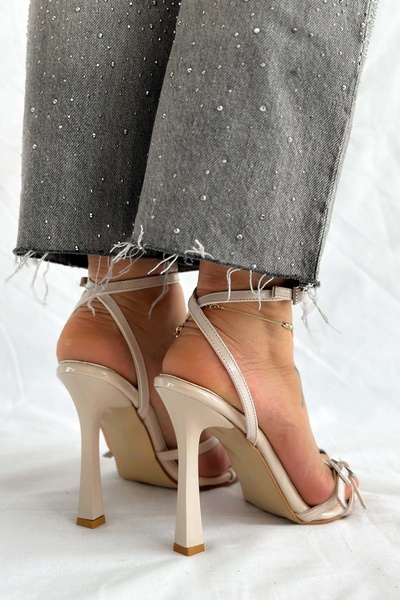 Shoebutik Beige Mojave Patent Leather - Two-Strap Stone Buckle Women's Sandals