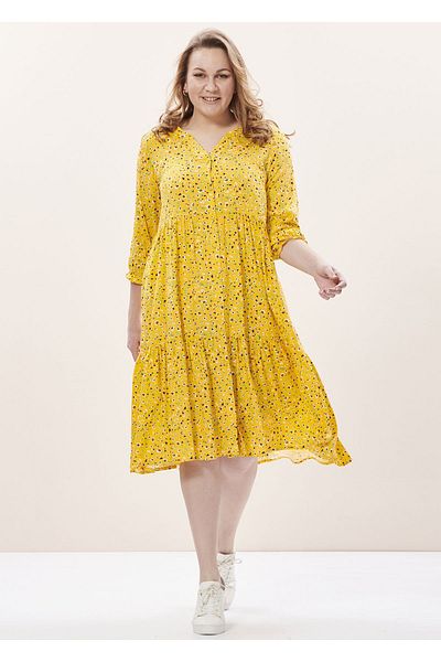 EVEN plus size فستان فيسكوز أصفر مزين بالزهور مقاس كبير