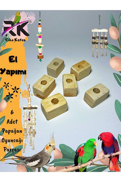 Ciko Kafes With Hole 2X2 3CM Hole Diameter 9mm is 6 Pieces Wooden Rectangular Parrot Toy Repair Part