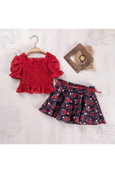Elayza Belted Suit with Skirt and Blouse for Girls