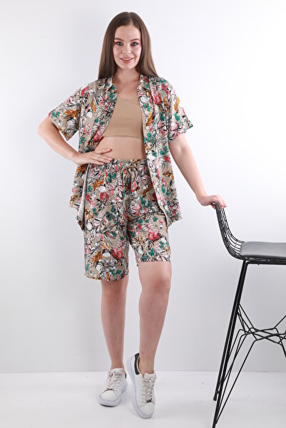 İMAJİNAL Σετ γυναικείες πιτζάμες με λουλούδια - 100% βισκόζη, κοντό μανίκι, σορτς με κουμπιά μπροστά