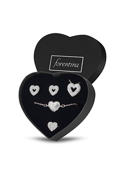 Forentina Gümüş Kaplama Kalp Kolye Küpe Bilekli Yüzük Takı Seti - Ps200400tr