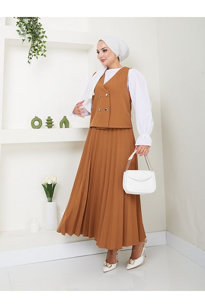 VOLT CLOTHİNG 2 Piece Women's Hijab Set with Pleated Skirt and Vest