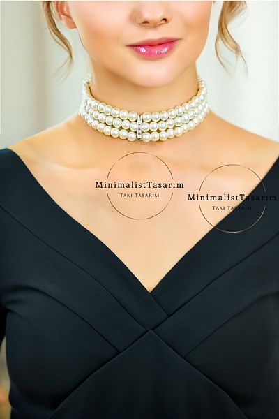 MinimalistTasarım Zircon Stone Pearl Choker Necklace, Choker Necklace, Rose Choker Necklace, Jewelled Choker Necklace